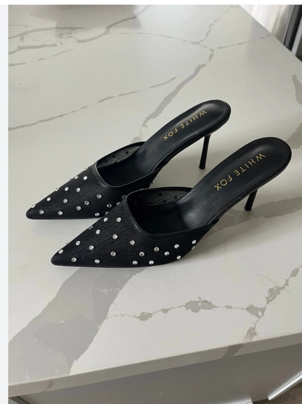 Lemonade 11  Black Pointed Mule Heels with Stud Detail